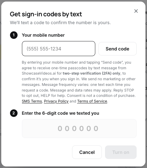 Screenshot of the Get sign-in codes by text window: the mobile number box, the Send code button, the consent statement and the box for the texted code